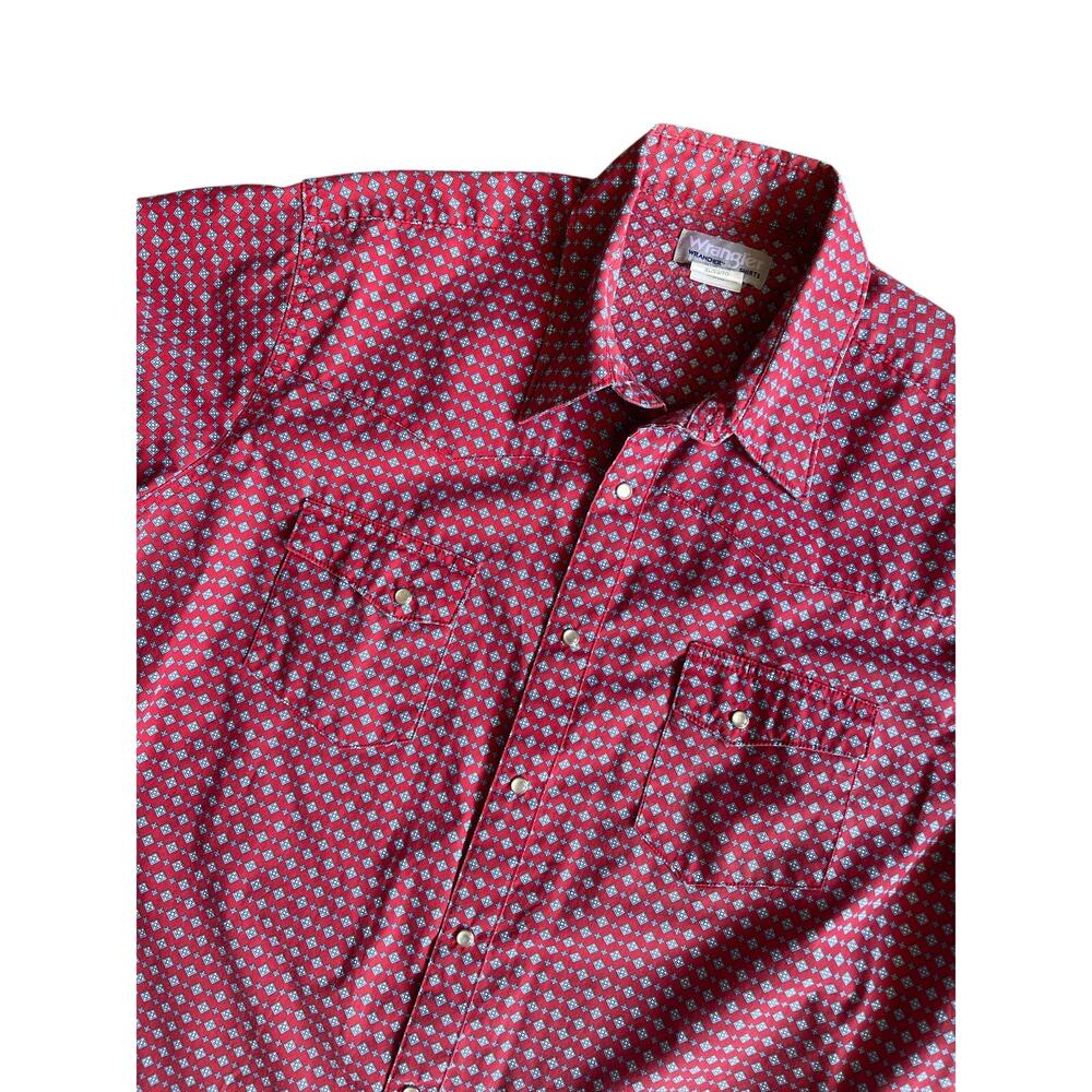 Men’s XL Wrangler Wrancher Pearl Snap Short Sleeve Button Up Shirt Crimson Red